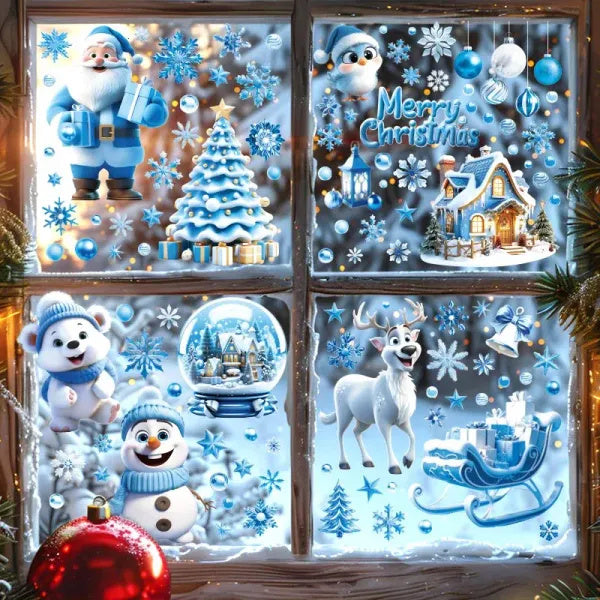 Christmas Window Clings - 9 Sheets Blue Theme Santa Reindeer Snowman