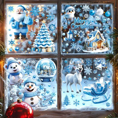 Christmas Window Clings - 9 Sheets Blue Theme Santa Reindeer Snowman
