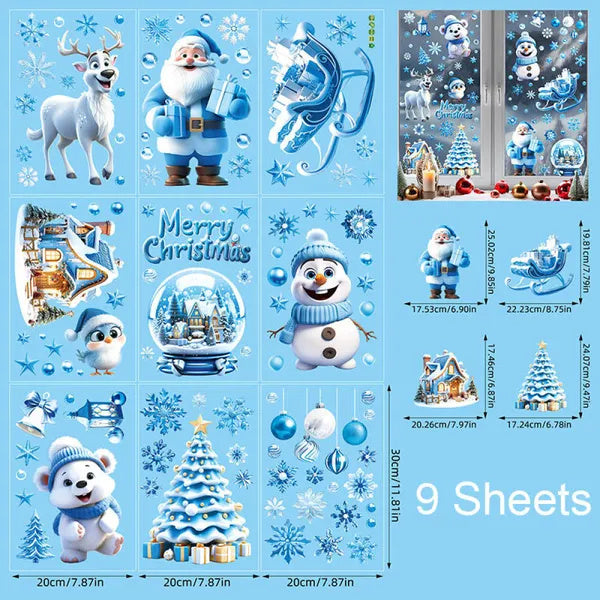 Christmas Window Clings - 9 Sheets Blue Theme Santa Reindeer Snowman