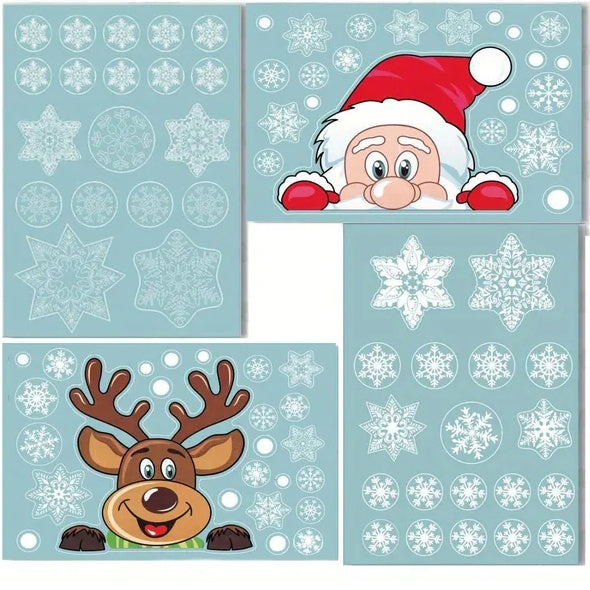 Christmas Window Clings - 4 Sheets Snowflake Snowman Moose Elk Decals