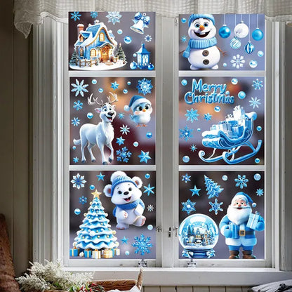 Christmas Window Clings - 9 Sheets Blue Theme Santa Reindeer Snowman