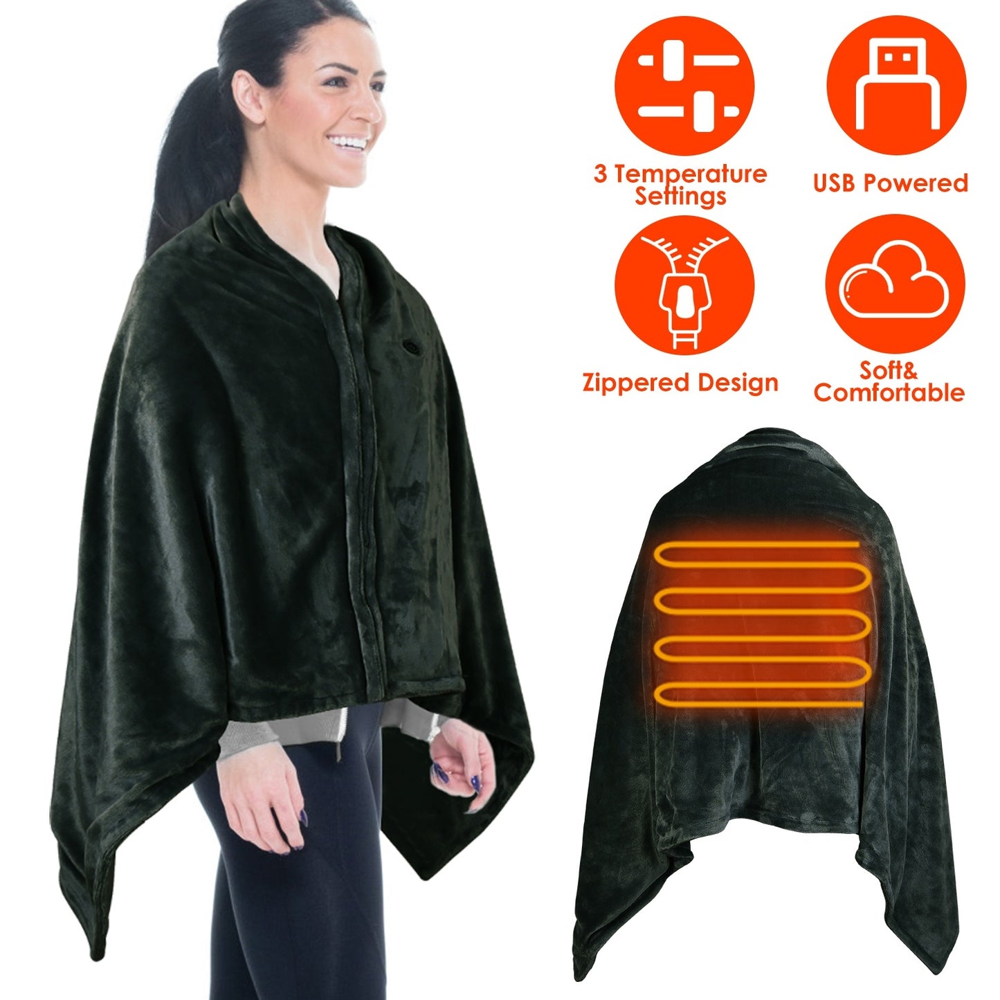 USB Heated Blanket Poncho - 59x31in Electric Shawl with Zipper