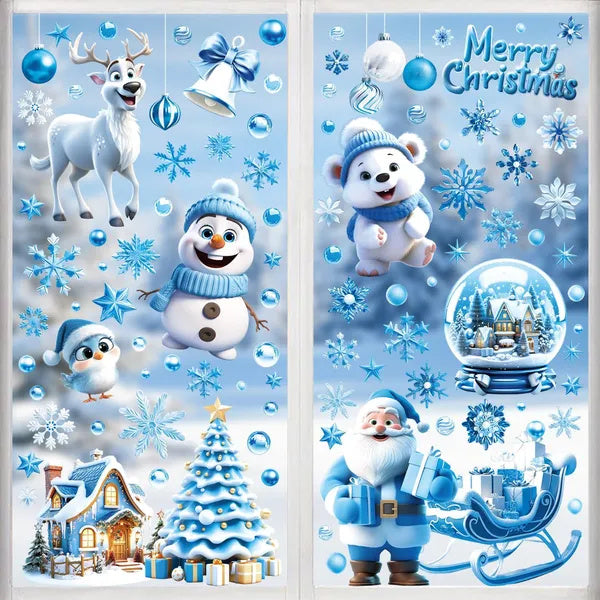 Christmas Window Clings - 9 Sheets Blue Theme Santa Reindeer Snowman