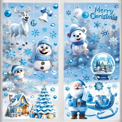 Christmas Window Clings - 9 Sheets Blue Theme Santa Reindeer Snowman