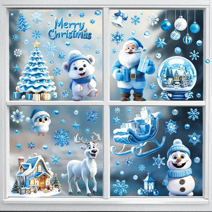 Christmas Window Clings - 9 Sheets Blue Theme Santa Reindeer Snowman
